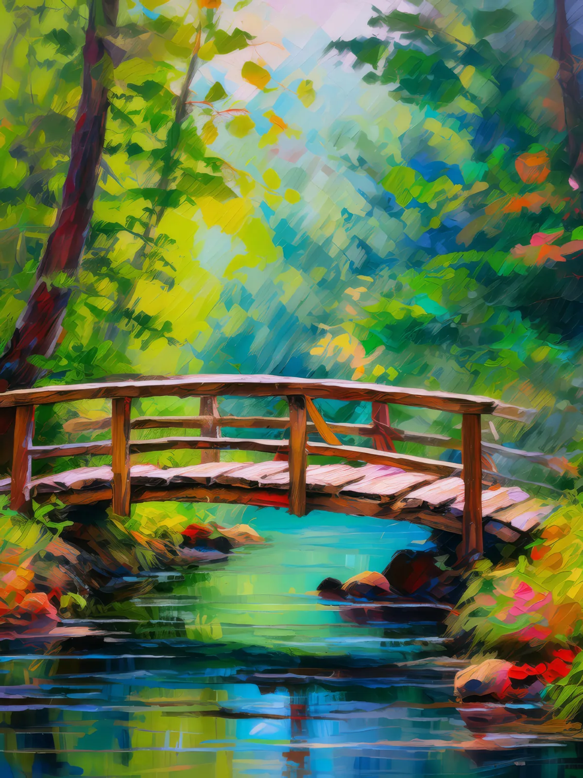 Forest Bridge Crossing, a palette-knife oil landscape by Emma Mickelberg