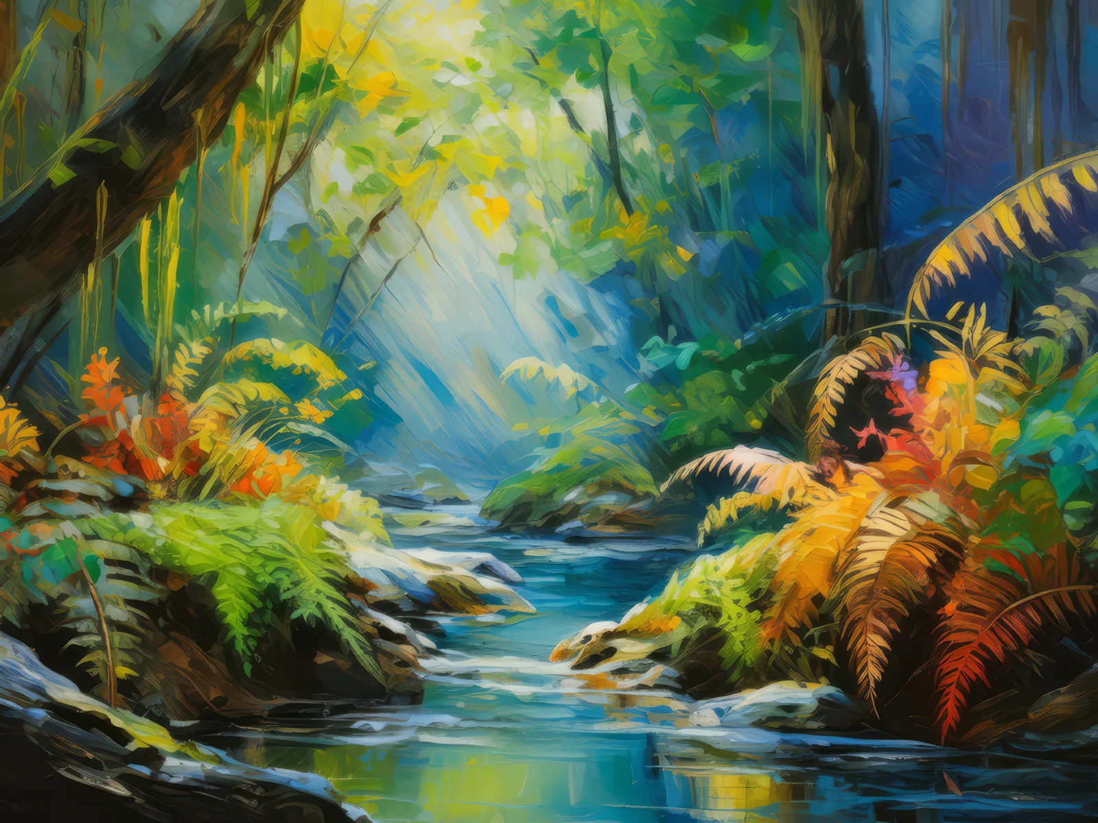 Forest Brook Grotto, a palette-knife oil landscape by Emma Mickelberg