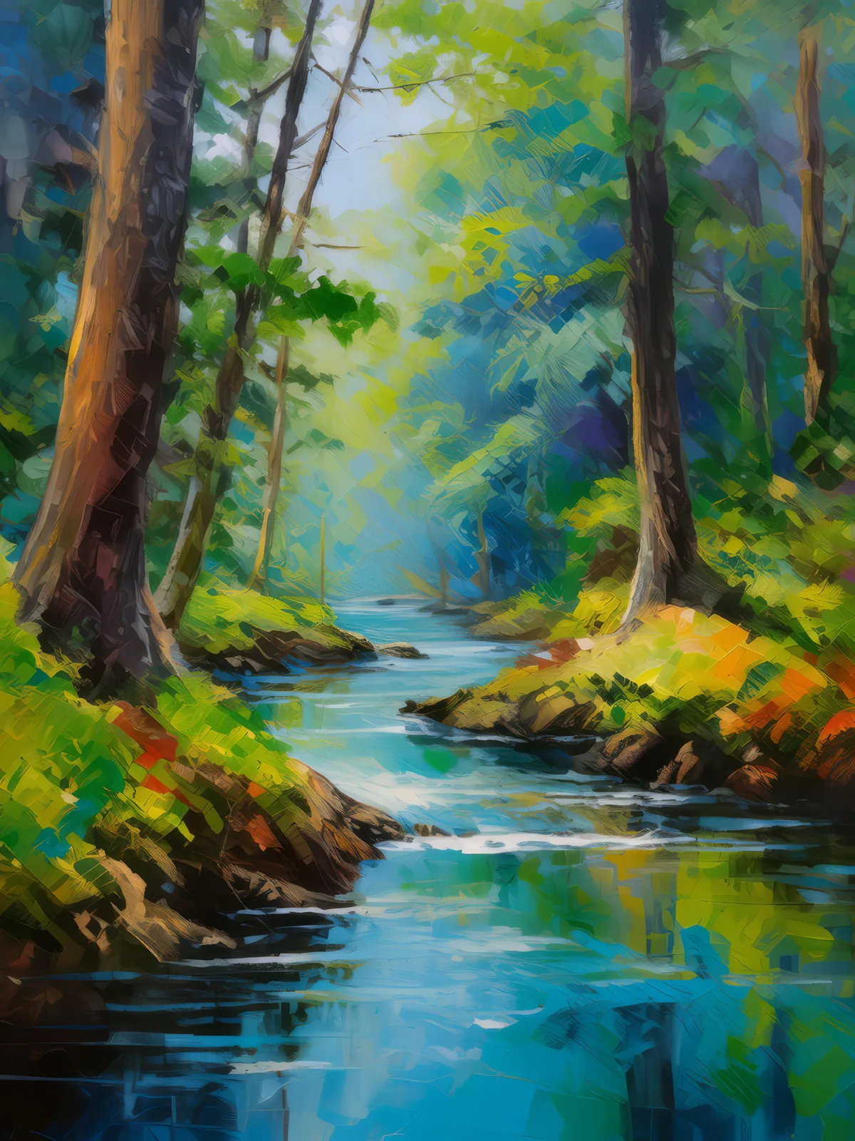 Forest Brook Serenade, a palette-knife oil landscape by Emma Mickelberg
