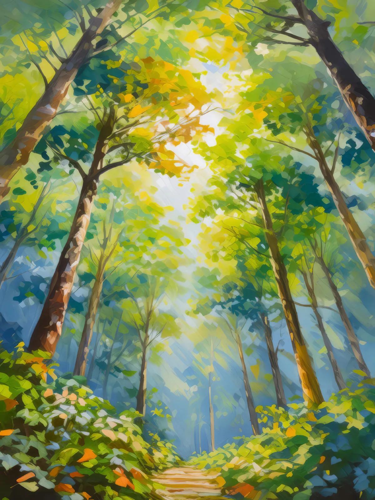 Forest Canopy at Noon, a palette-knife oil landscape by Emma Mickelberg