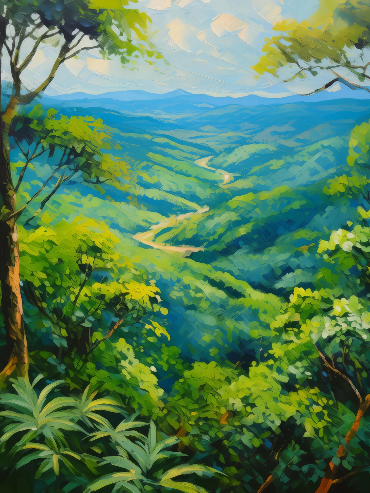 Forest Canopy View, a palette-knife oil landscape by Emma Mickelberg