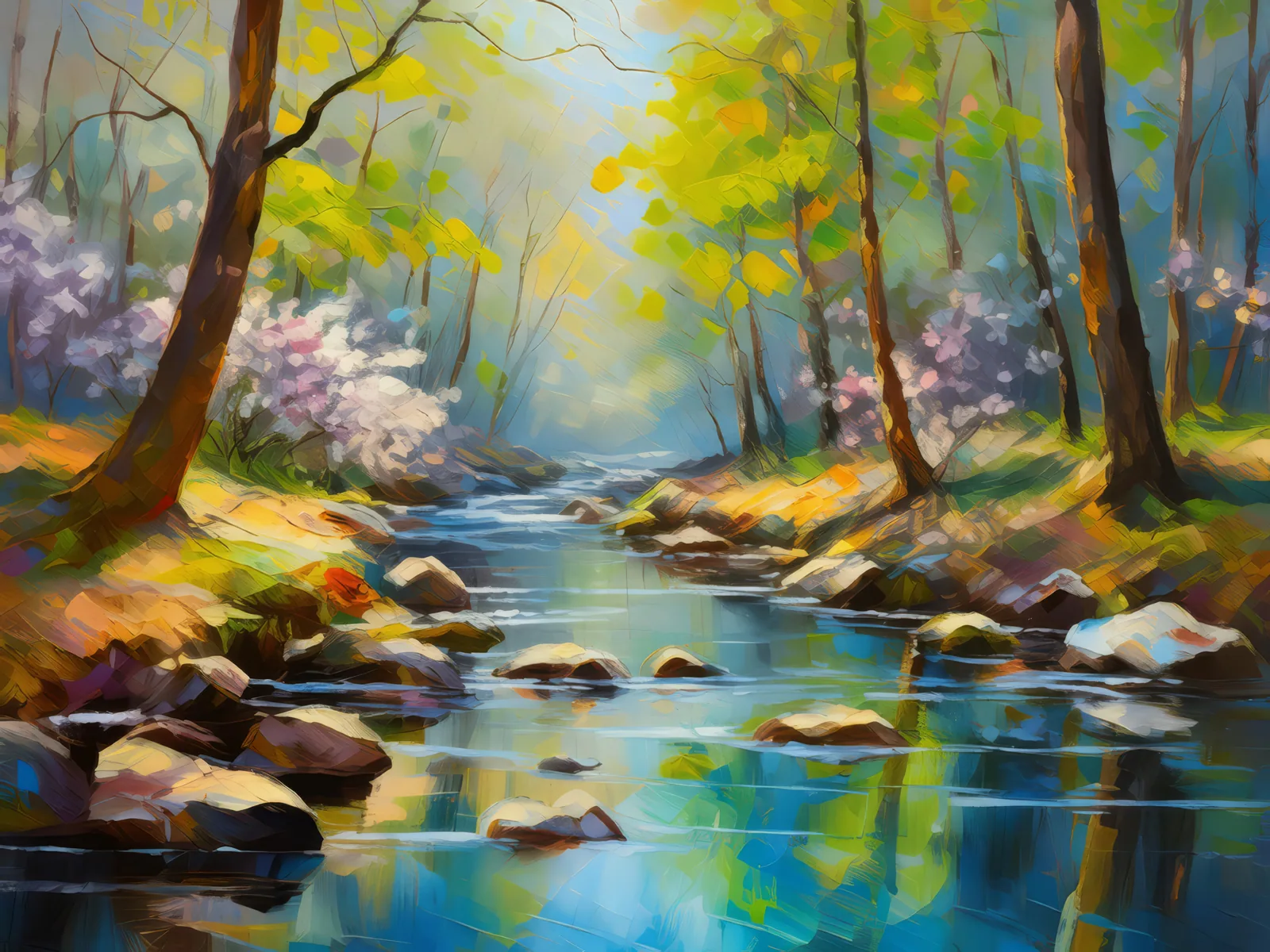Forest Creek in Early Spring, a palette-knife oil landscape by Emma Mickelberg