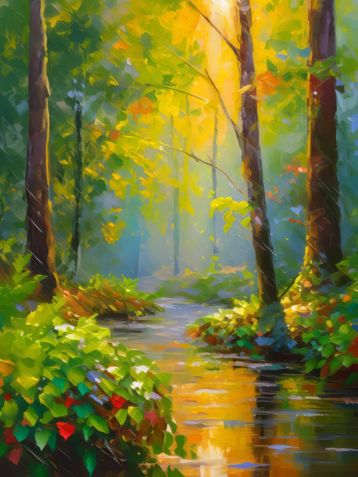 Forest Dewy Morning, a palette-knife oil landscape by Emma Mickelberg