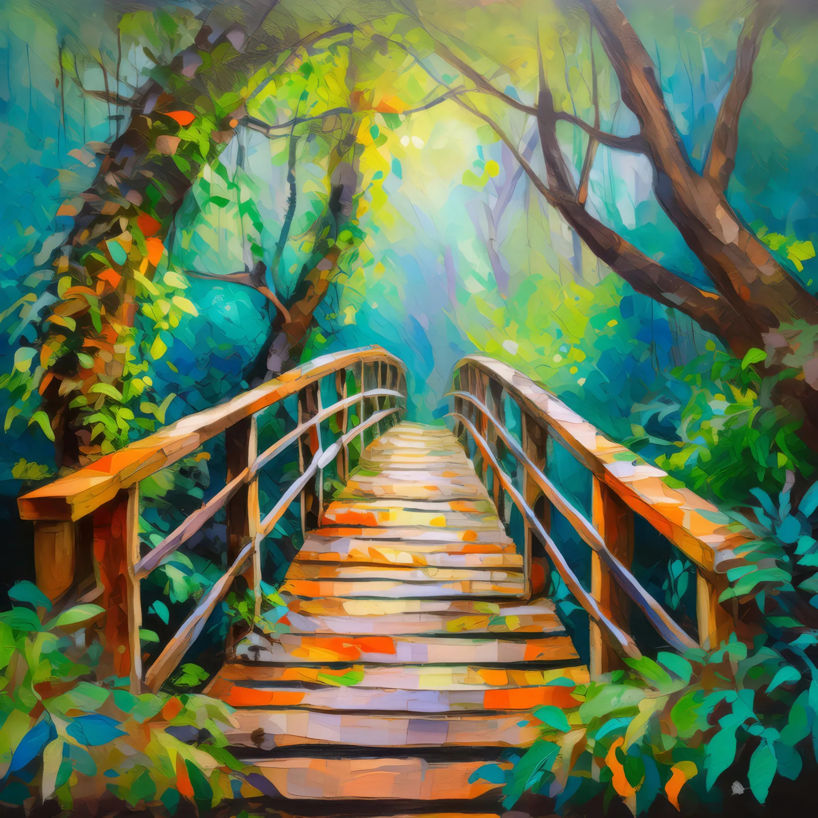 Forest Enchanted Bridge, a palette-knife oil landscape by Emma Mickelberg
