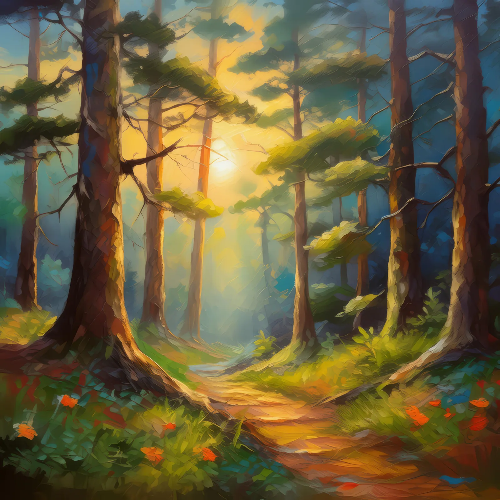 Forest Evening Light, a palette-knife oil landscape by Emma Mickelberg