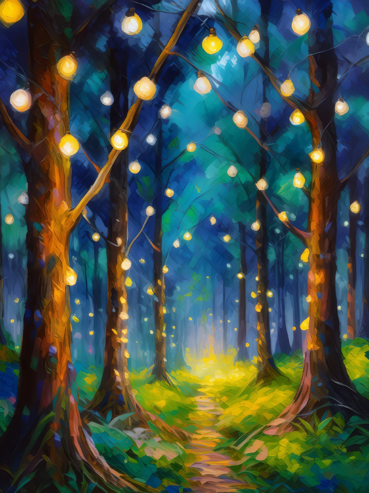 Forest Fairy Lights, a palette-knife oil landscape by Emma Mickelberg