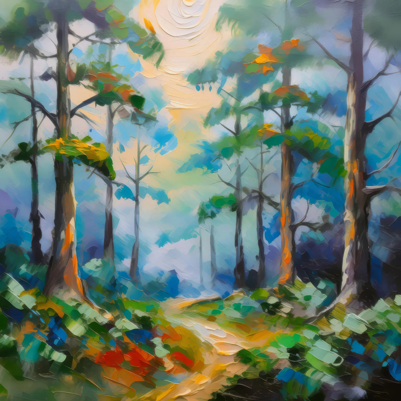 Forest Foggy Morning, a palette-knife oil landscape by Emma Mickelberg