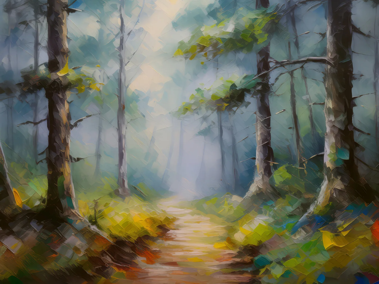 Forest Foggy Path, a palette-knife oil landscape by Emma Mickelberg