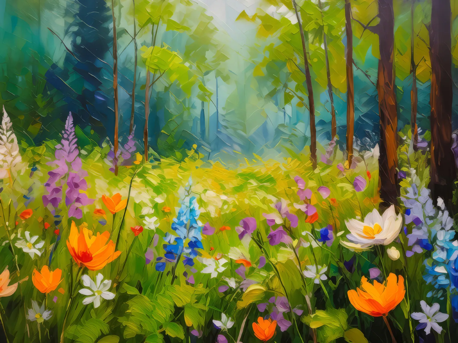 Forest Glade in Spring, a palette-knife oil landscape by Emma Mickelberg