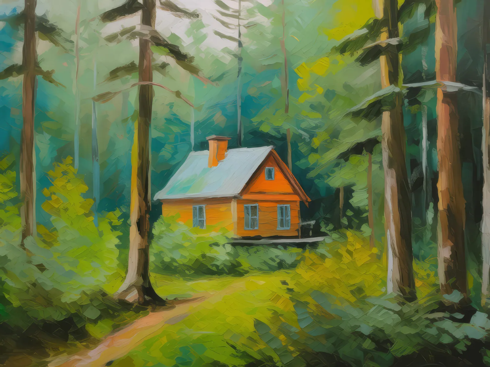 Forest Hidden Cabin, a palette-knife oil landscape by Emma Mickelberg