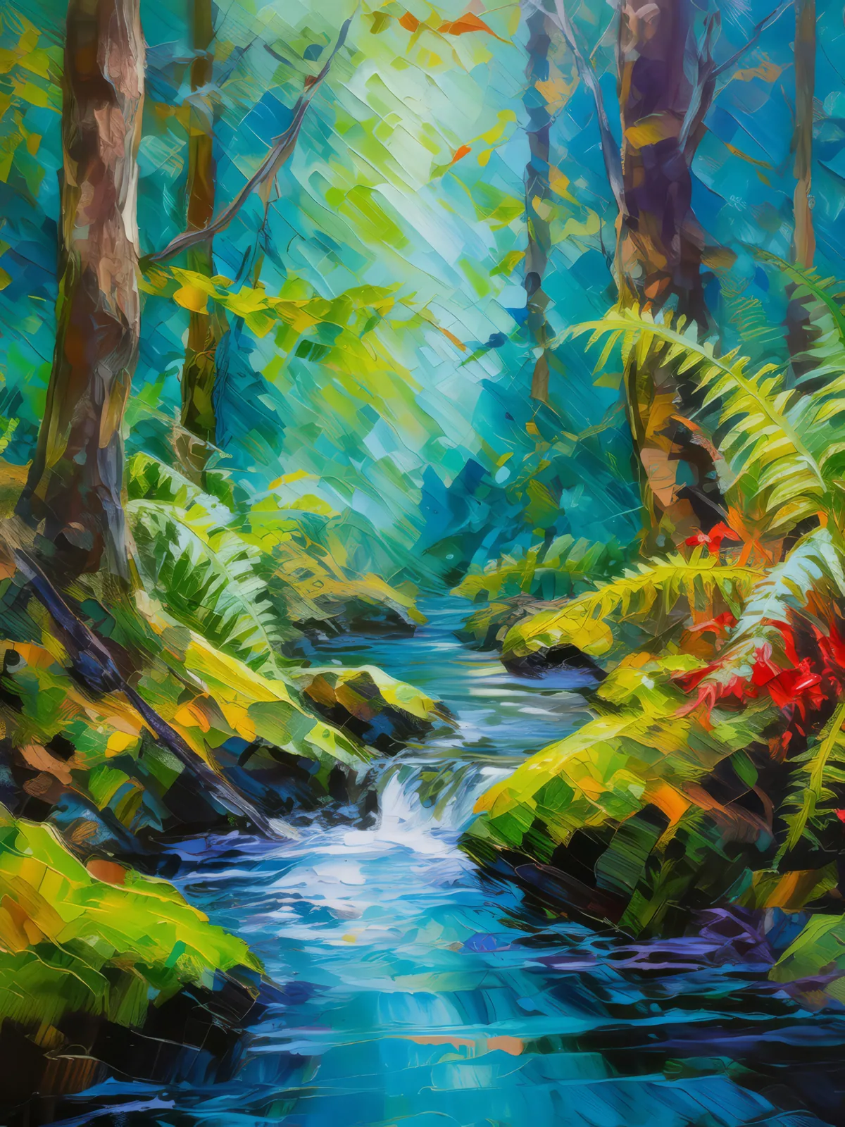 Forest Hidden Stream, a palette-knife oil landscape by Emma Mickelberg
