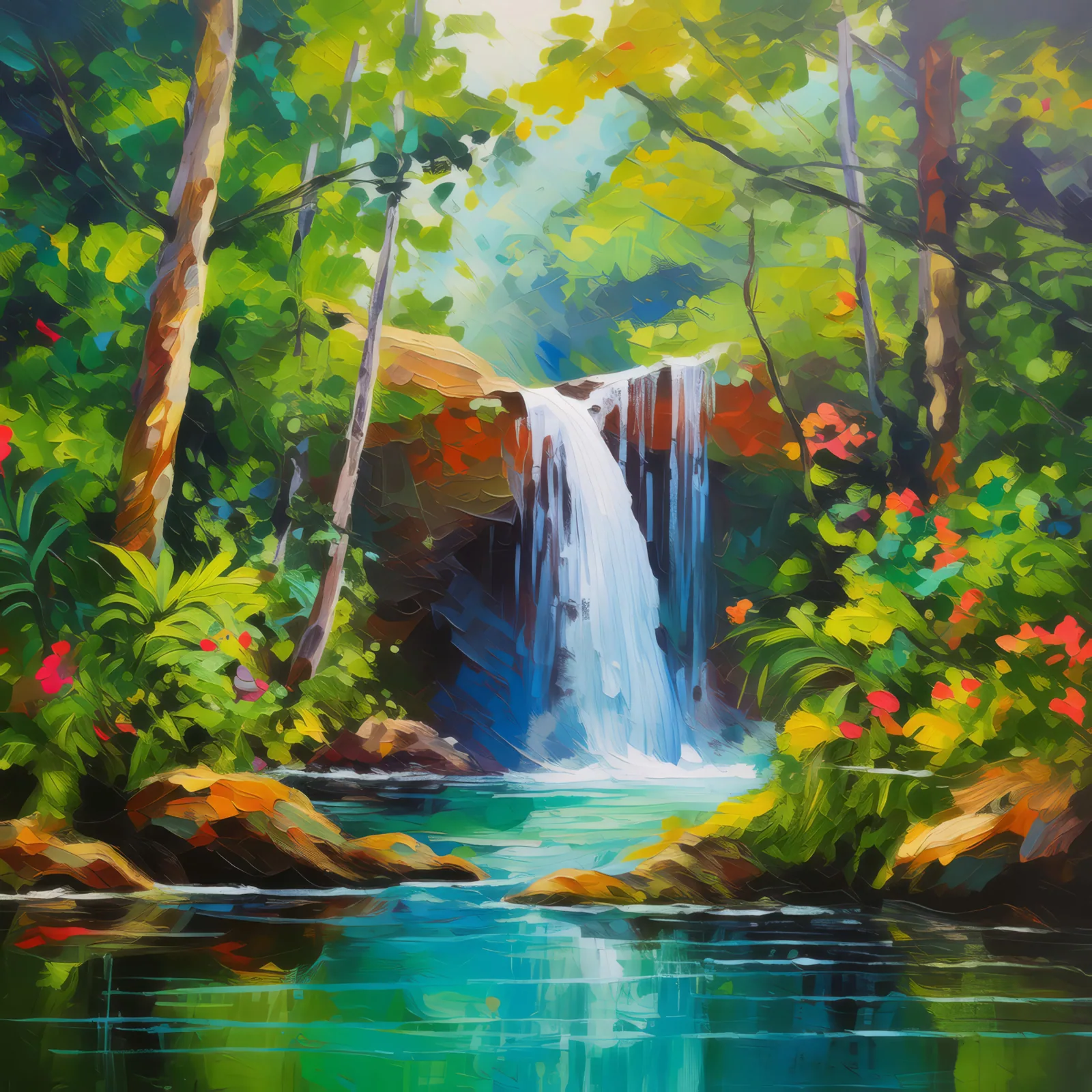Forest Hidden Waterfall, a palette-knife oil landscape by Emma Mickelberg
