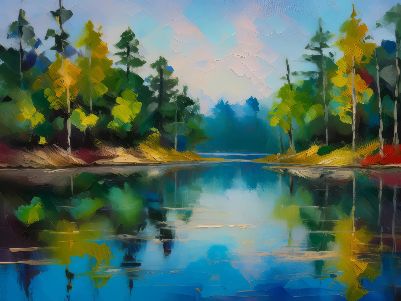 Forest Lake Reflection, a palette-knife oil landscape by Emma Mickelberg