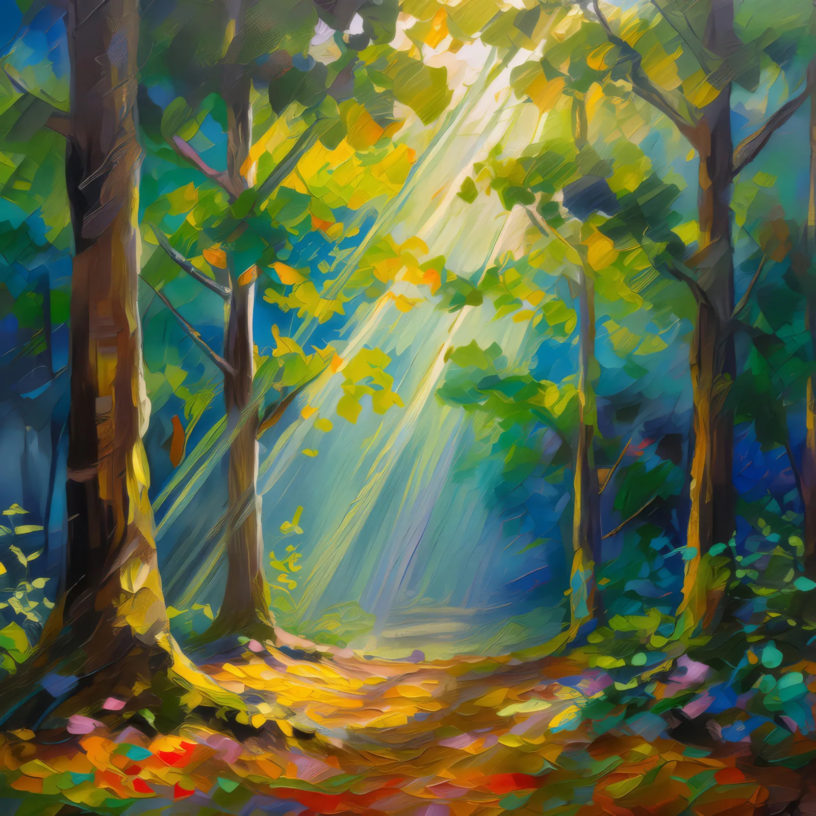 Forest Light Rays, a palette-knife oil landscape by Emma Mickelberg