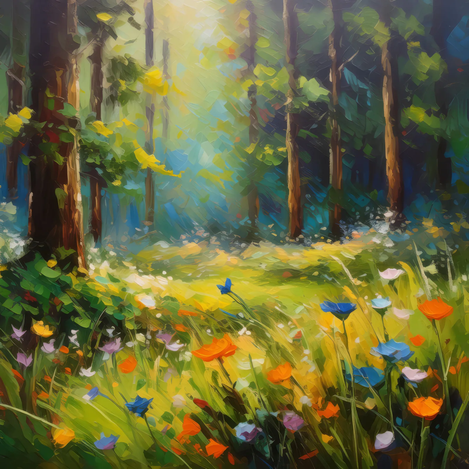 Forest Meadow Bliss, a palette-knife oil landscape by Emma Mickelberg