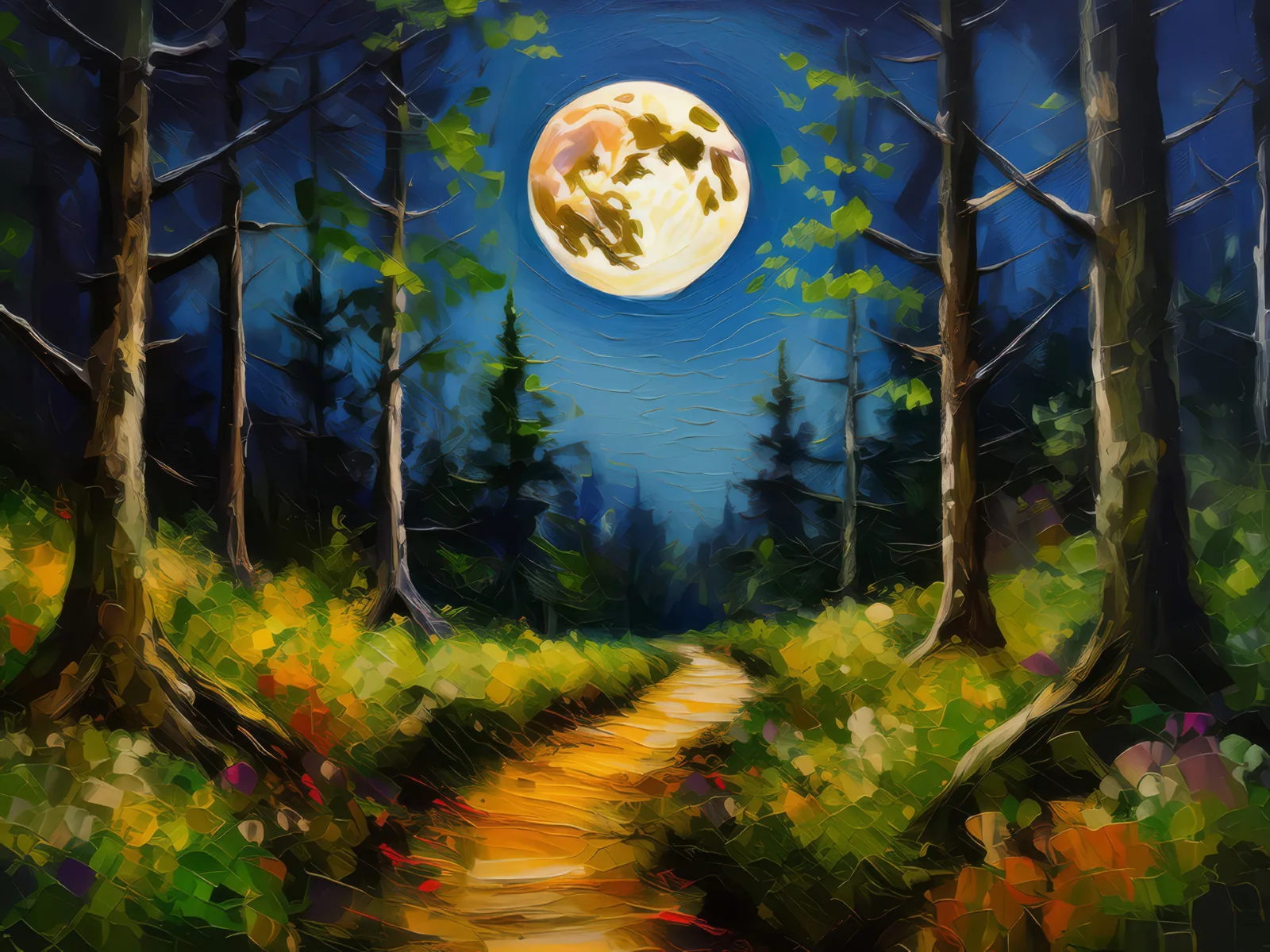 Forest Moonlit Path, a palette-knife oil landscape by Emma Mickelberg