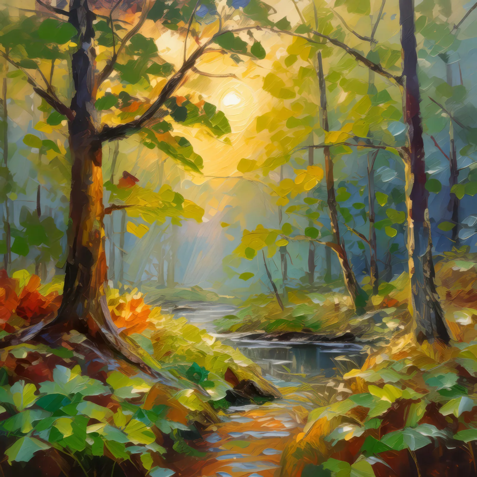 Forest Morning Dew, a palette-knife oil landscape by Emma Mickelberg