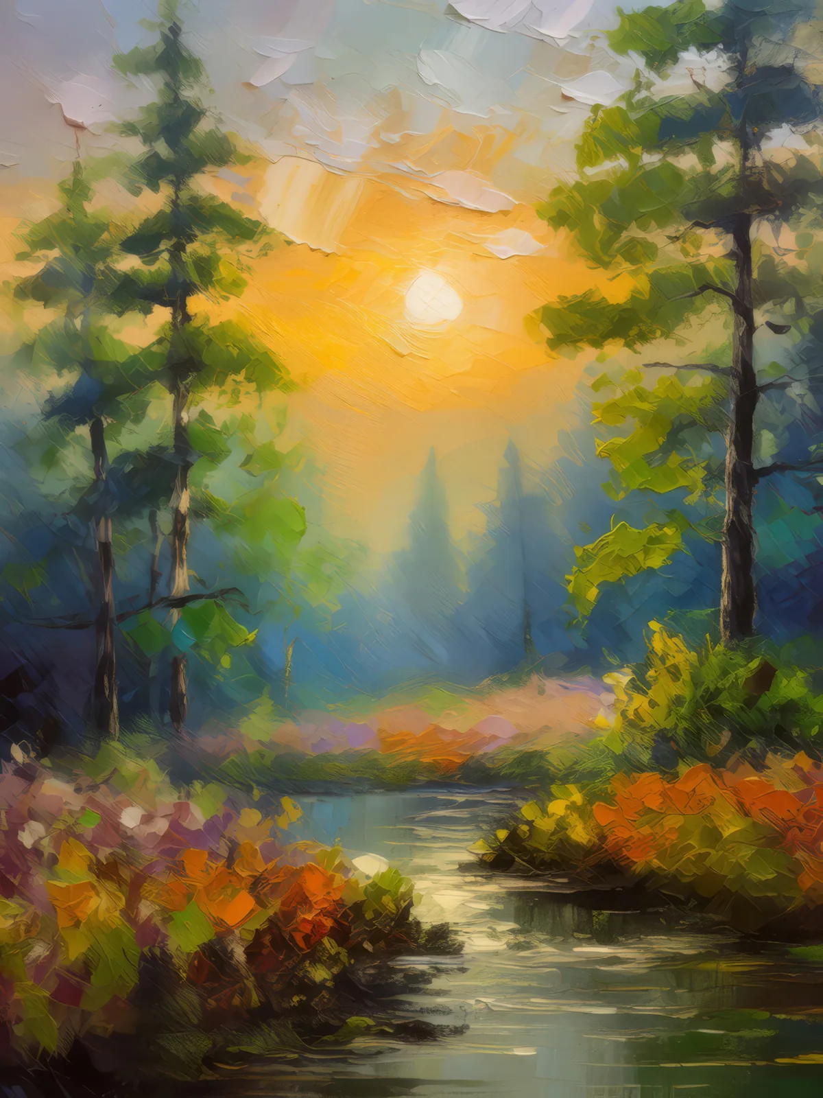 Forest Morning Mist, a palette-knife oil landscape by Emma Mickelberg