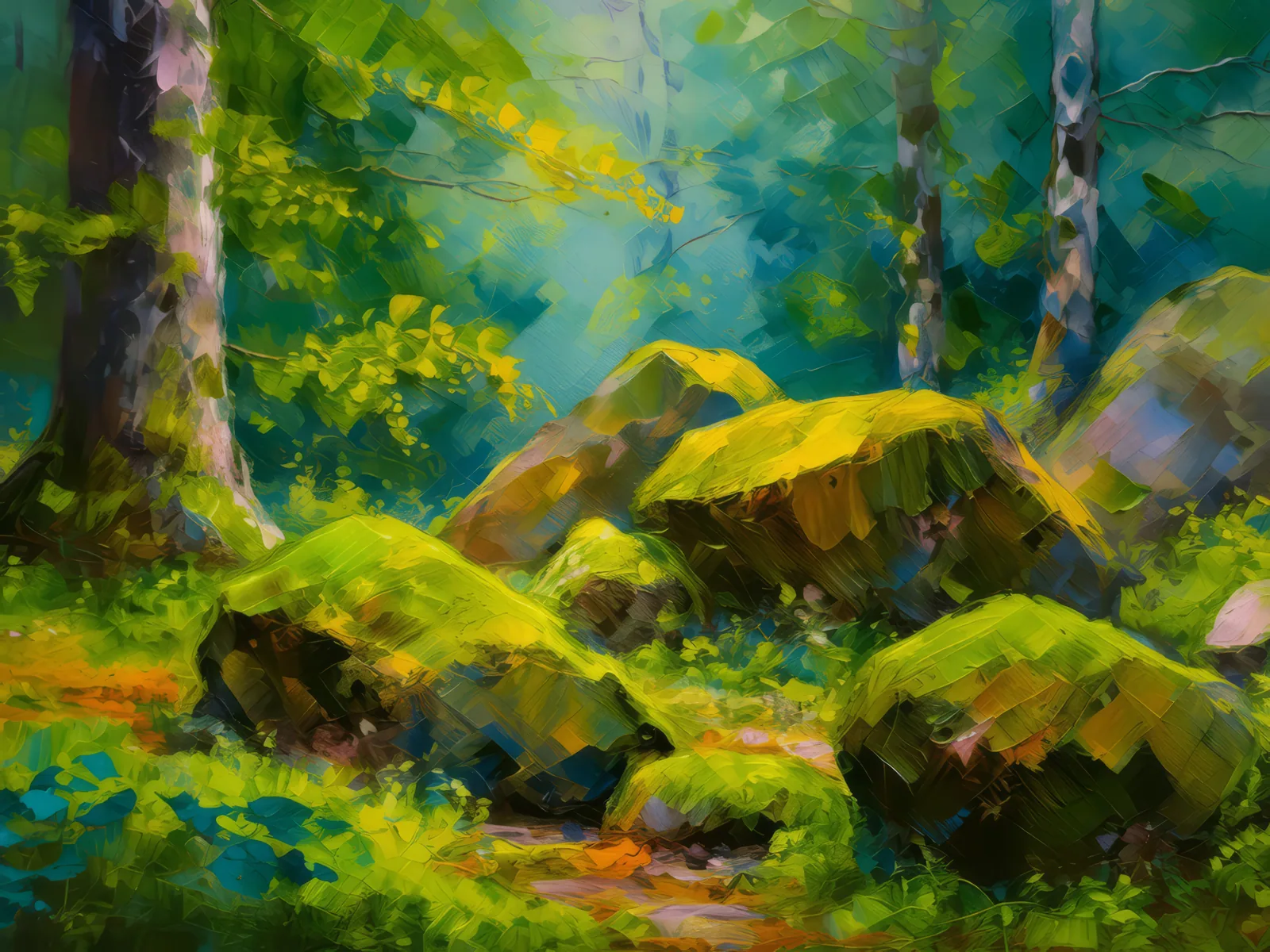 Forest Mossy Rocks, a palette-knife oil landscape by Emma Mickelberg