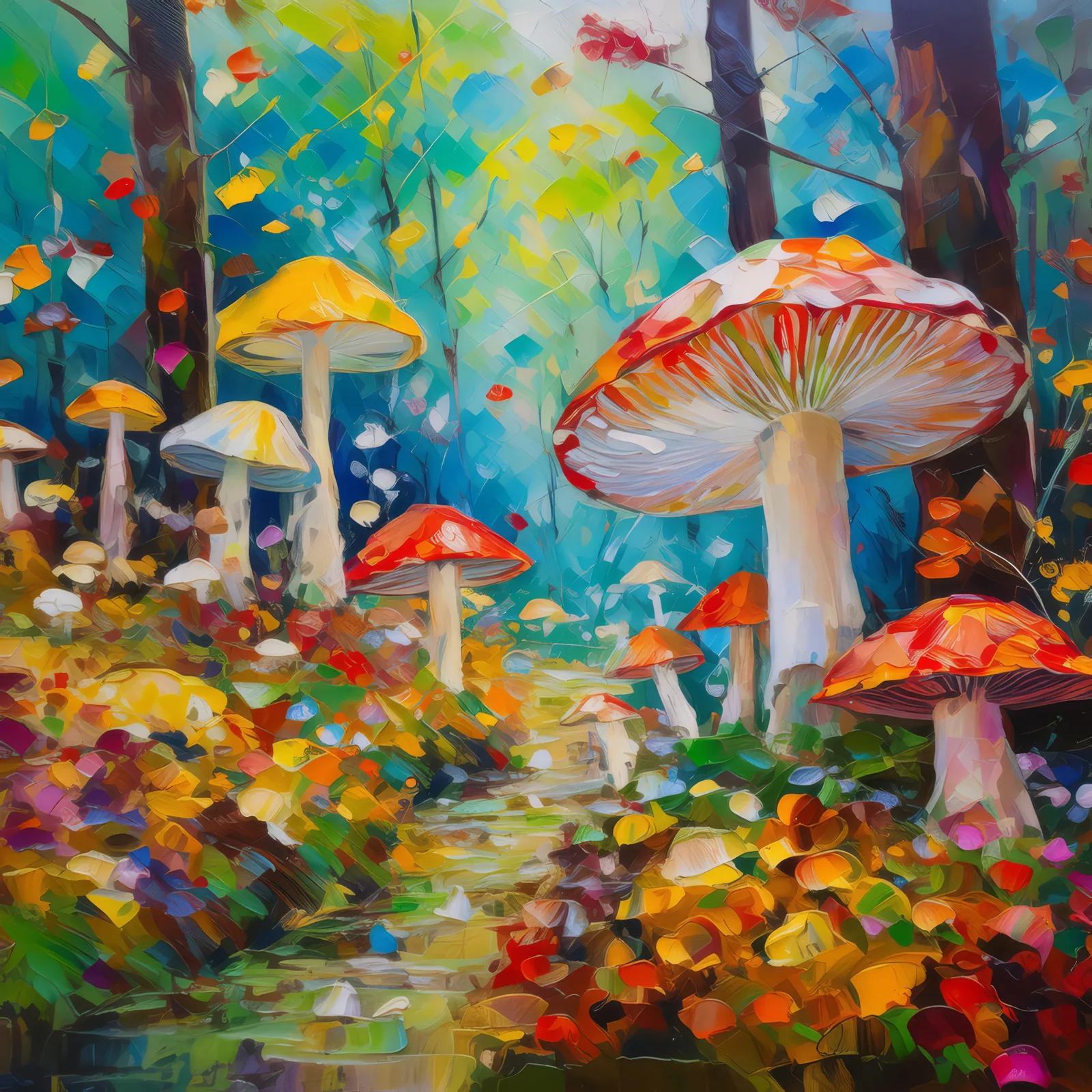 Forest Mushroom Wonderland, a palette-knife oil landscape by Emma Mickelberg