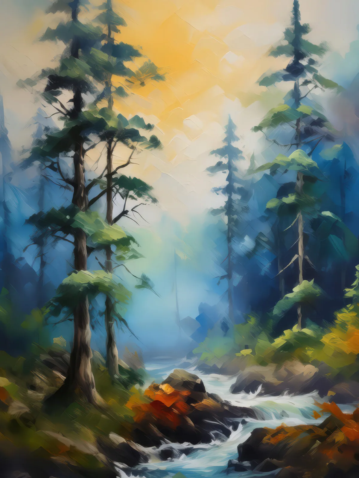 Forest Mystic Fog, a palette-knife oil landscape by Emma Mickelberg