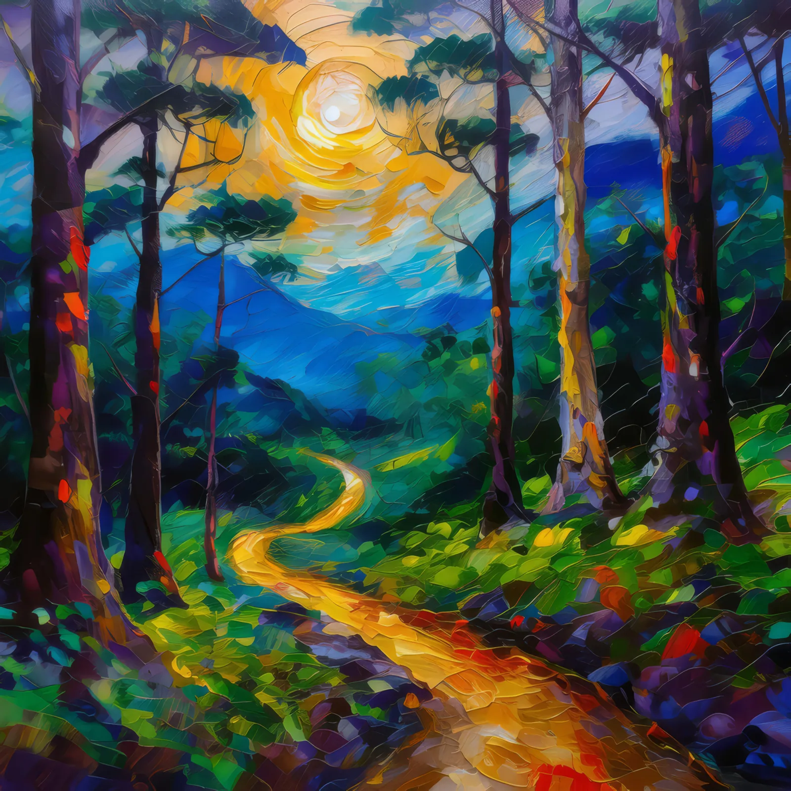 Forest Path at Twilight, a palette-knife oil landscape by Emma Mickelberg