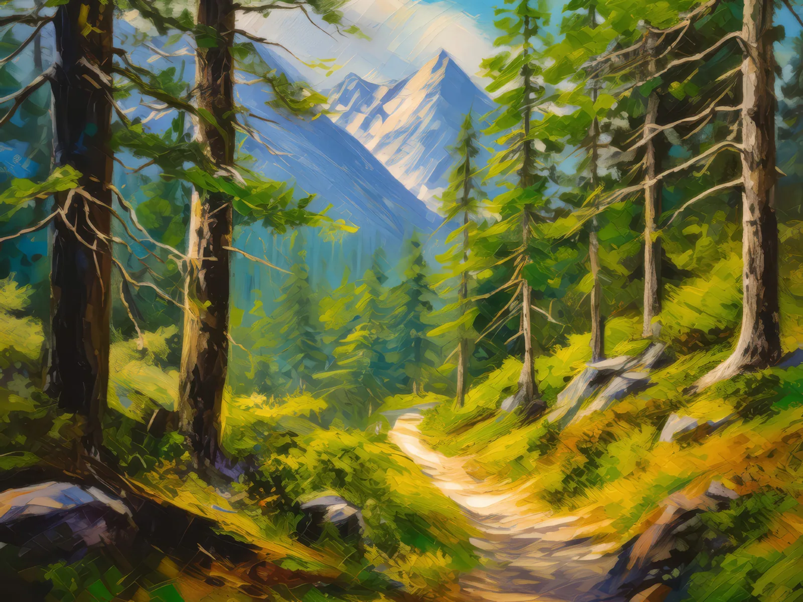 Forest Path in Alps, a palette-knife oil landscape by Emma Mickelberg