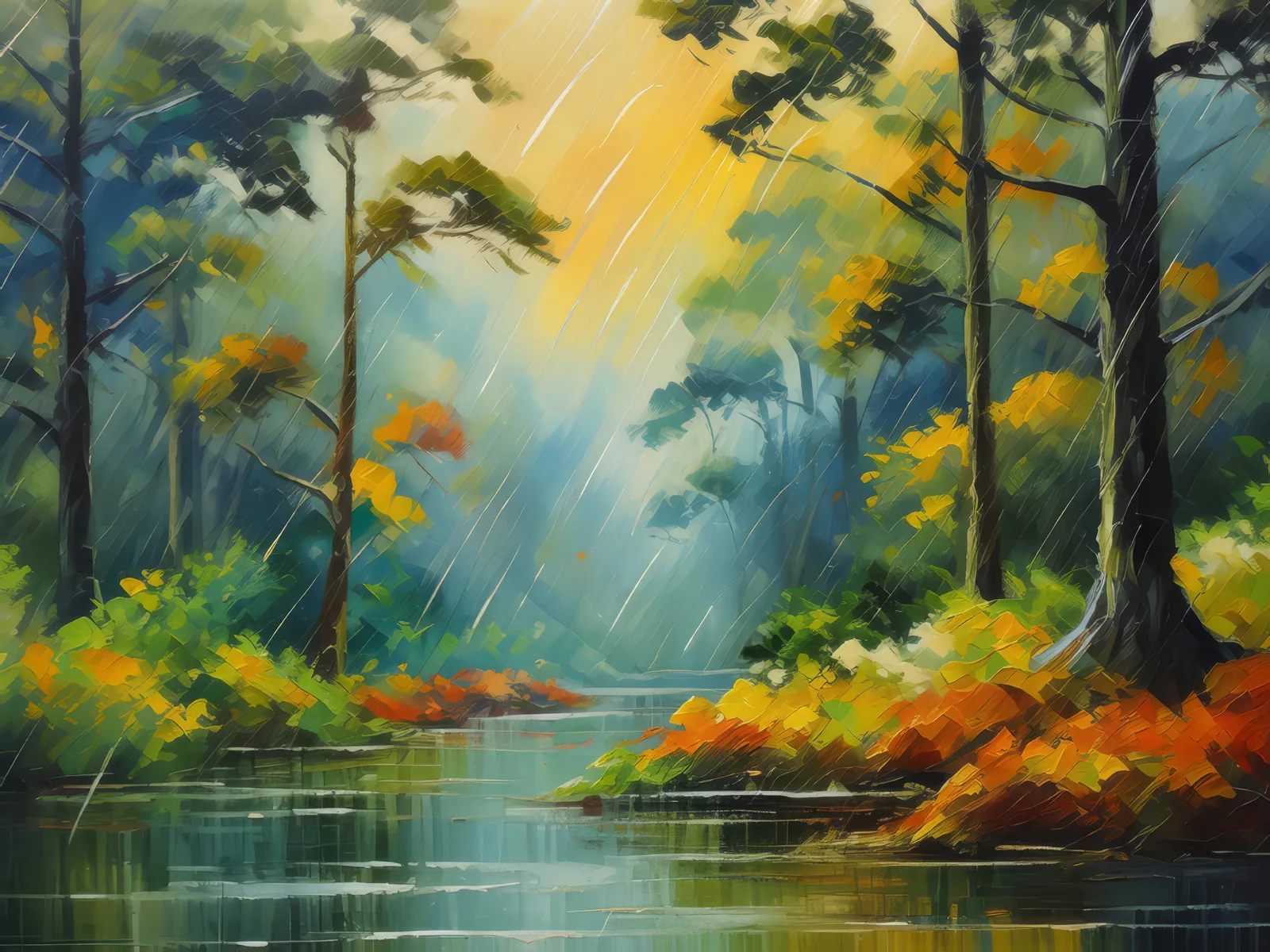 Forest Rain Shower, a palette-knife oil landscape by Emma Mickelberg