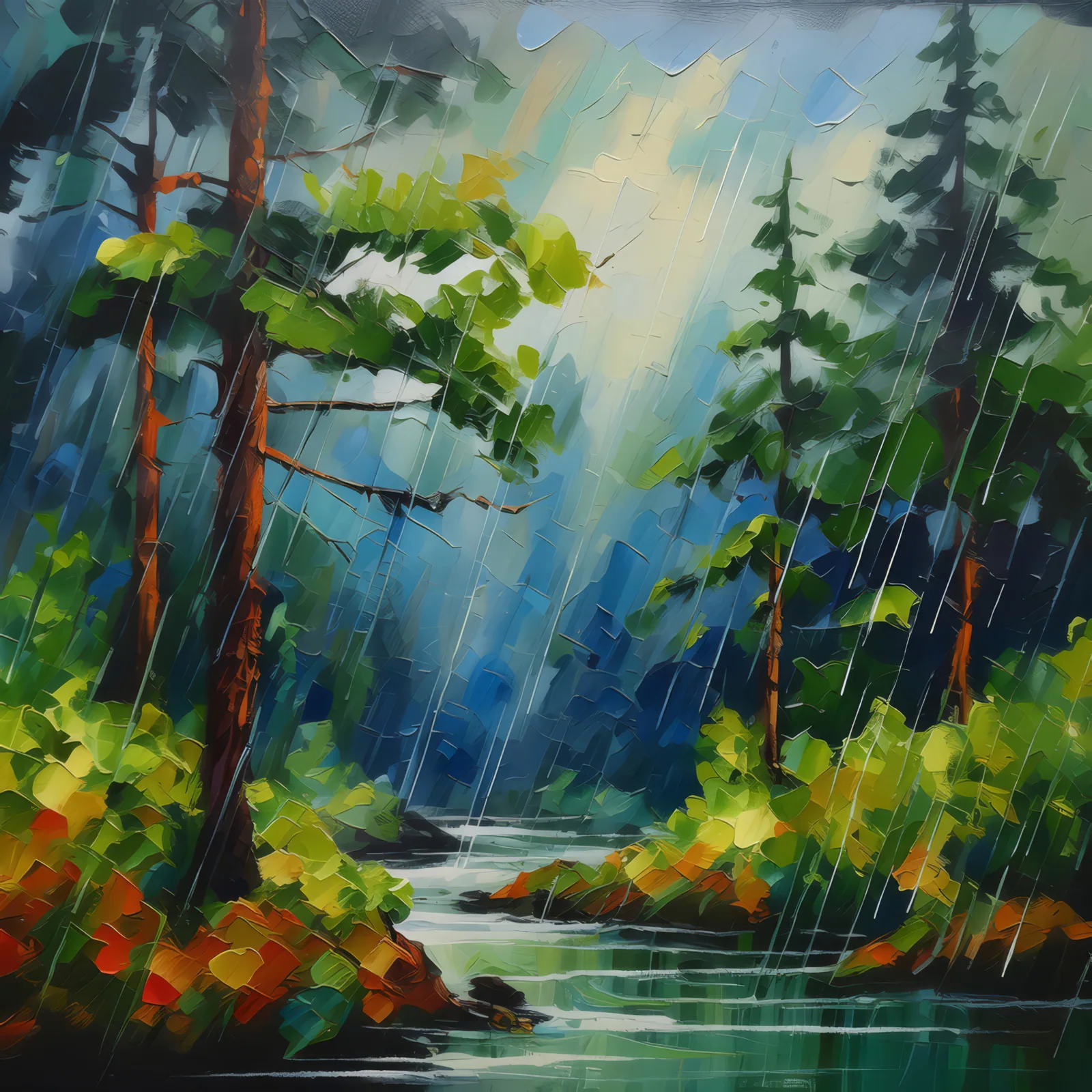 Forest Rainy Day, a palette-knife oil landscape by Emma Mickelberg