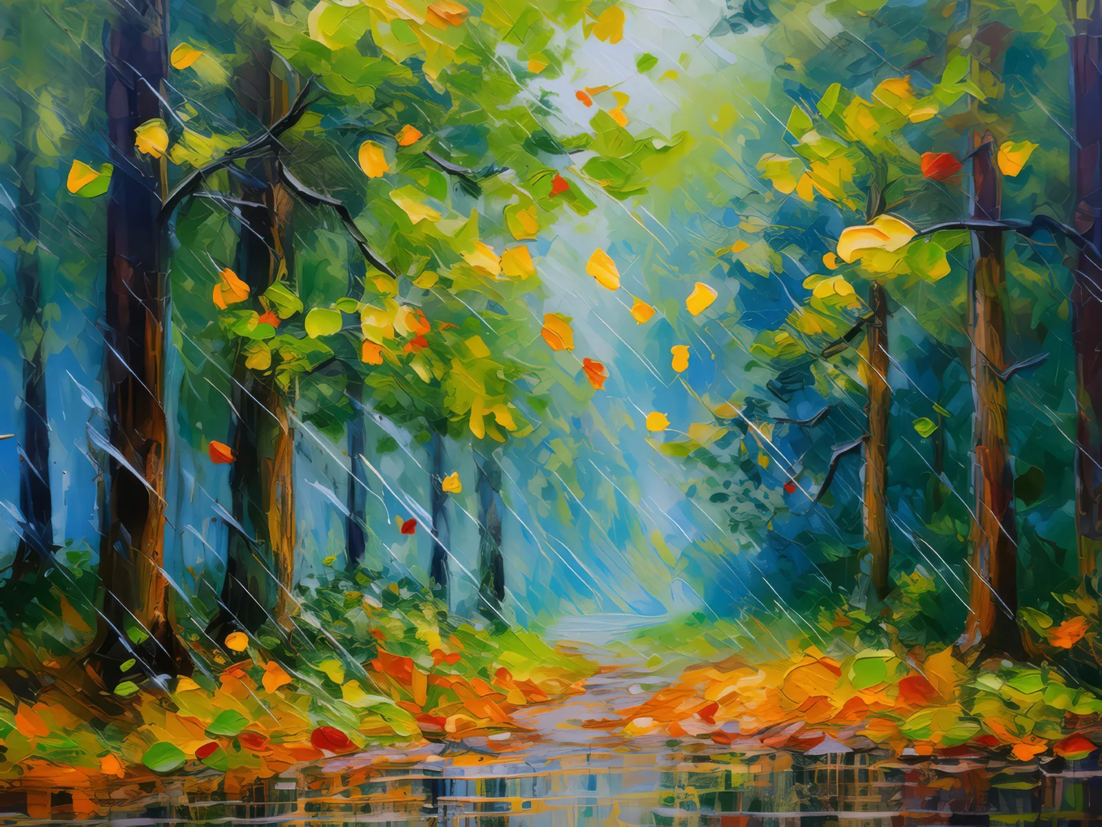 Forest Rainy Walk, a palette-knife oil landscape by Emma Mickelberg
