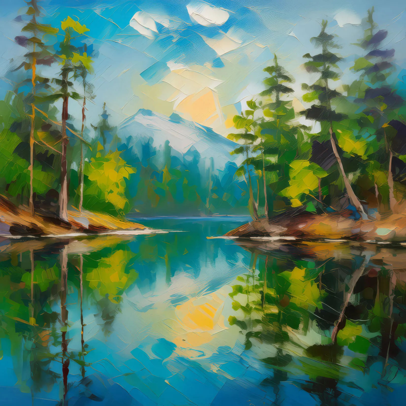 Forest Reflection Lake, a palette-knife oil landscape by Emma Mickelberg