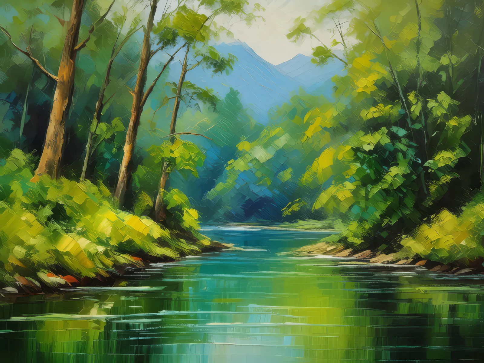 Forest River Bend, a palette-knife oil landscape by Emma Mickelberg