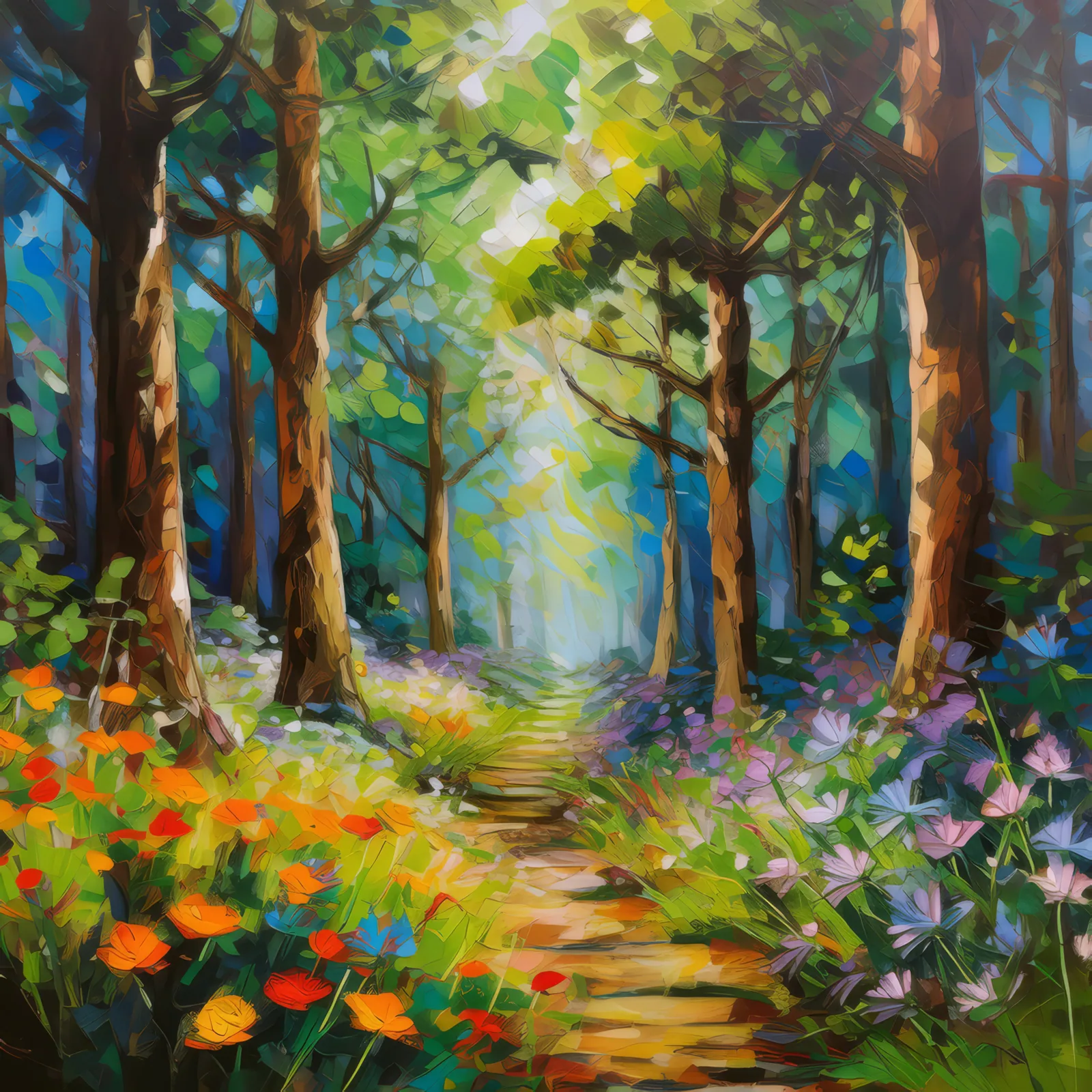 Forest Secret Pathway, a palette-knife oil landscape by Emma Mickelberg