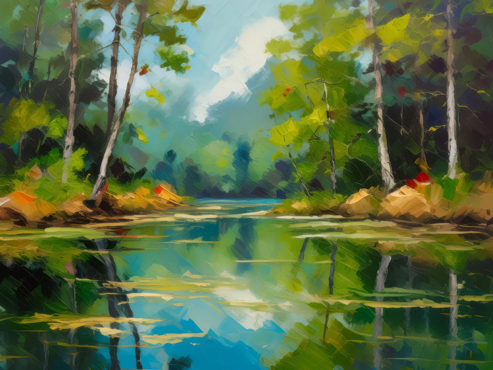 Forest Serene Pond, a palette-knife oil landscape by Emma Mickelberg