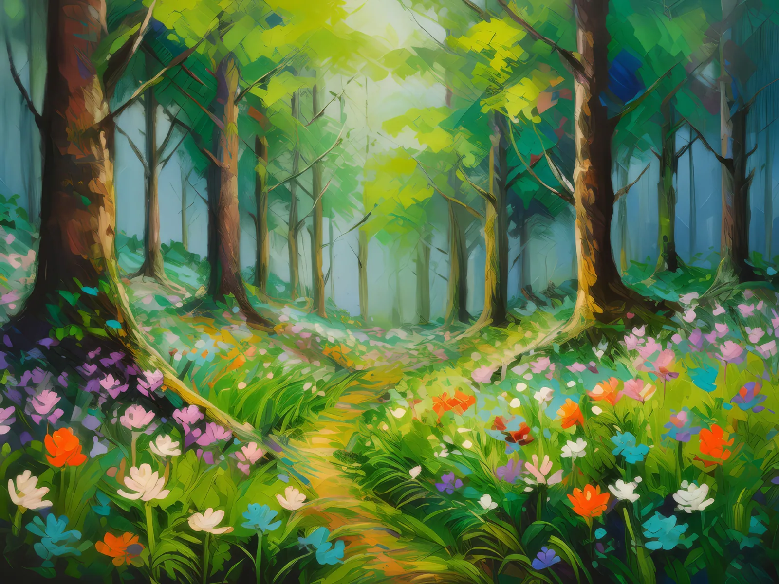 Forest Spring Awakening, a palette-knife oil landscape by Emma Mickelberg