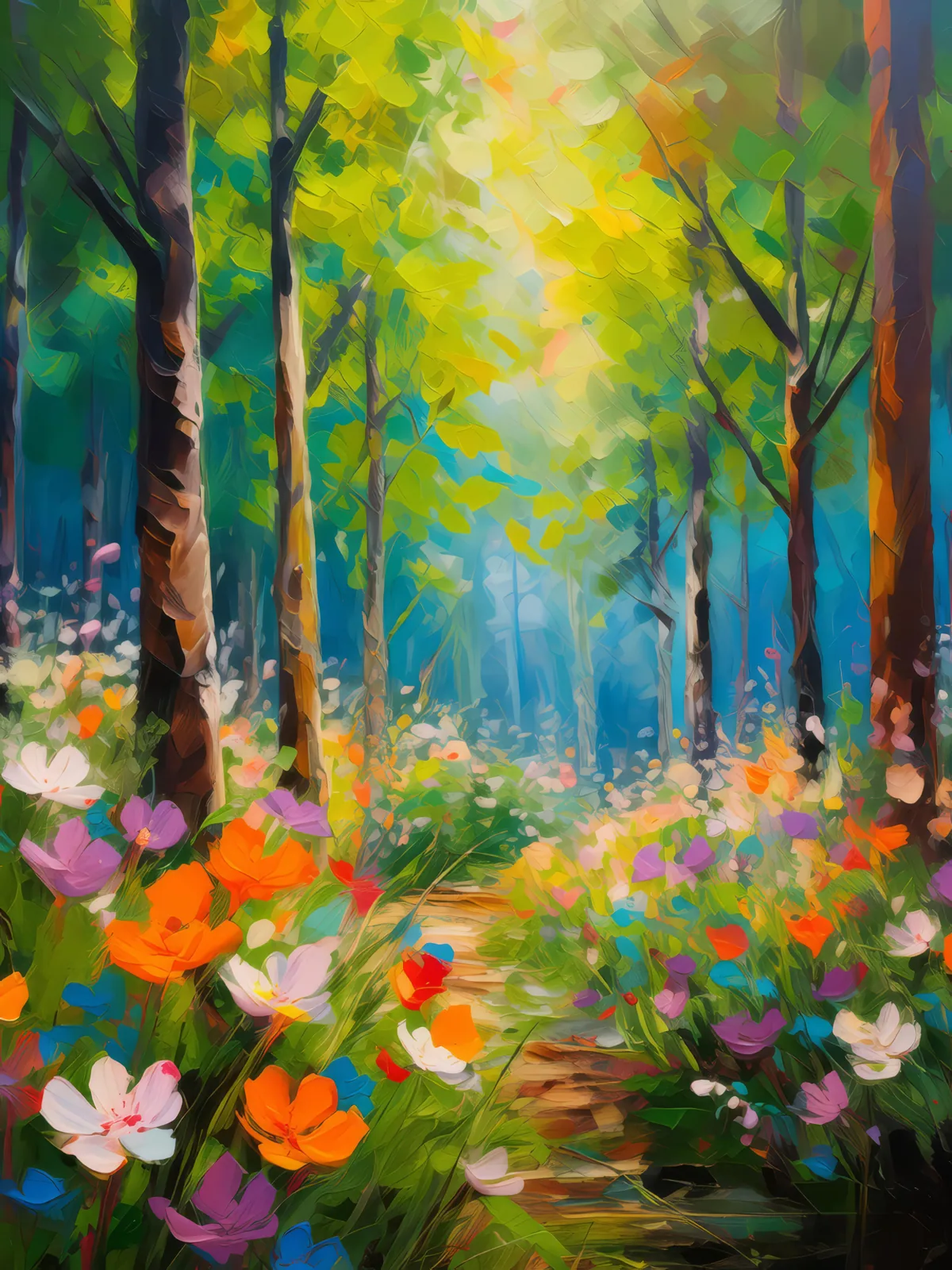 Forest Spring Bloom, a palette-knife oil landscape by Emma Mickelberg