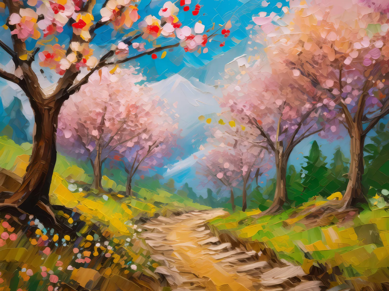 Forest Spring Blossoms, a palette-knife oil landscape by Emma Mickelberg