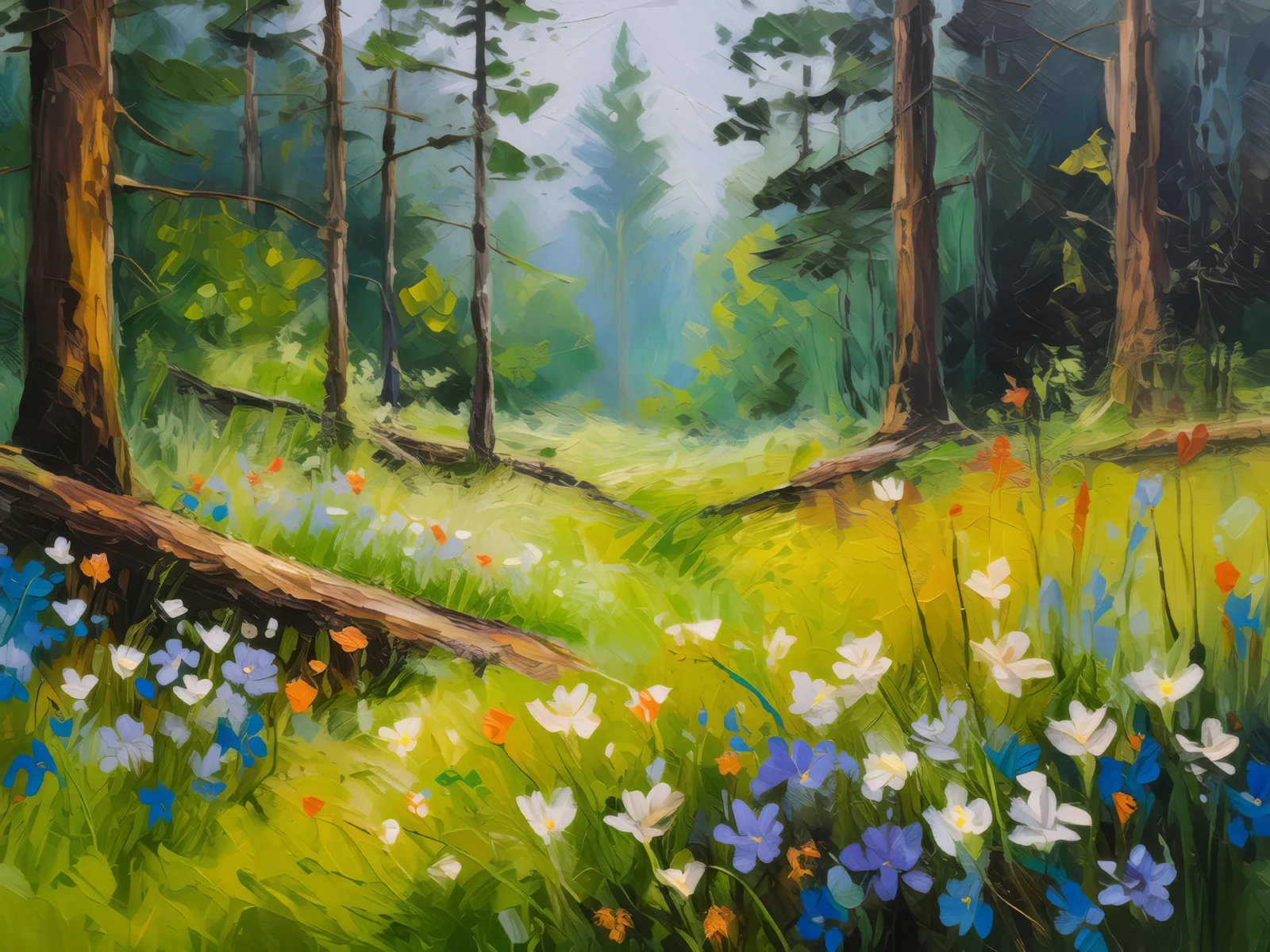 Forest Spring Meadow, a palette-knife oil landscape by Emma Mickelberg