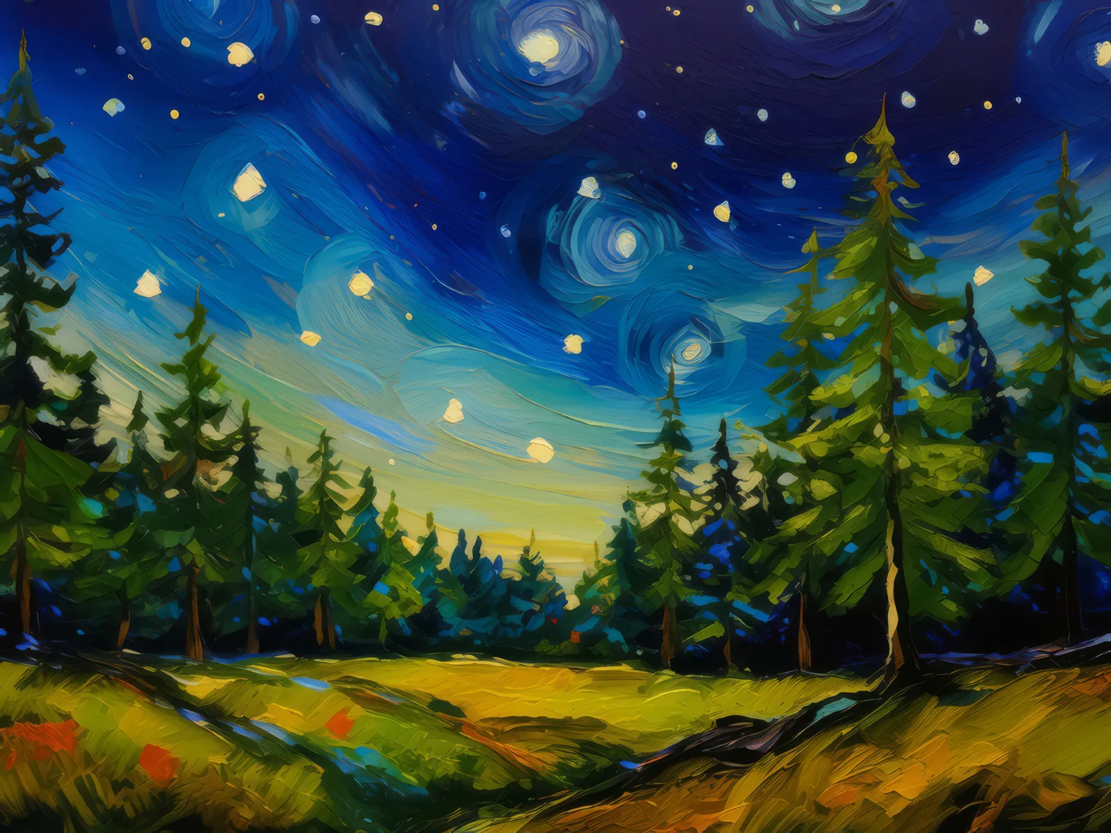 Forest Stargazing Night, a palette-knife oil landscape by Emma Mickelberg