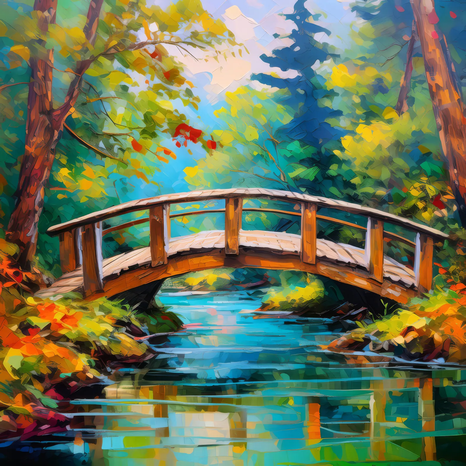 Forest Stream Crossing, a palette-knife oil landscape by Emma Mickelberg