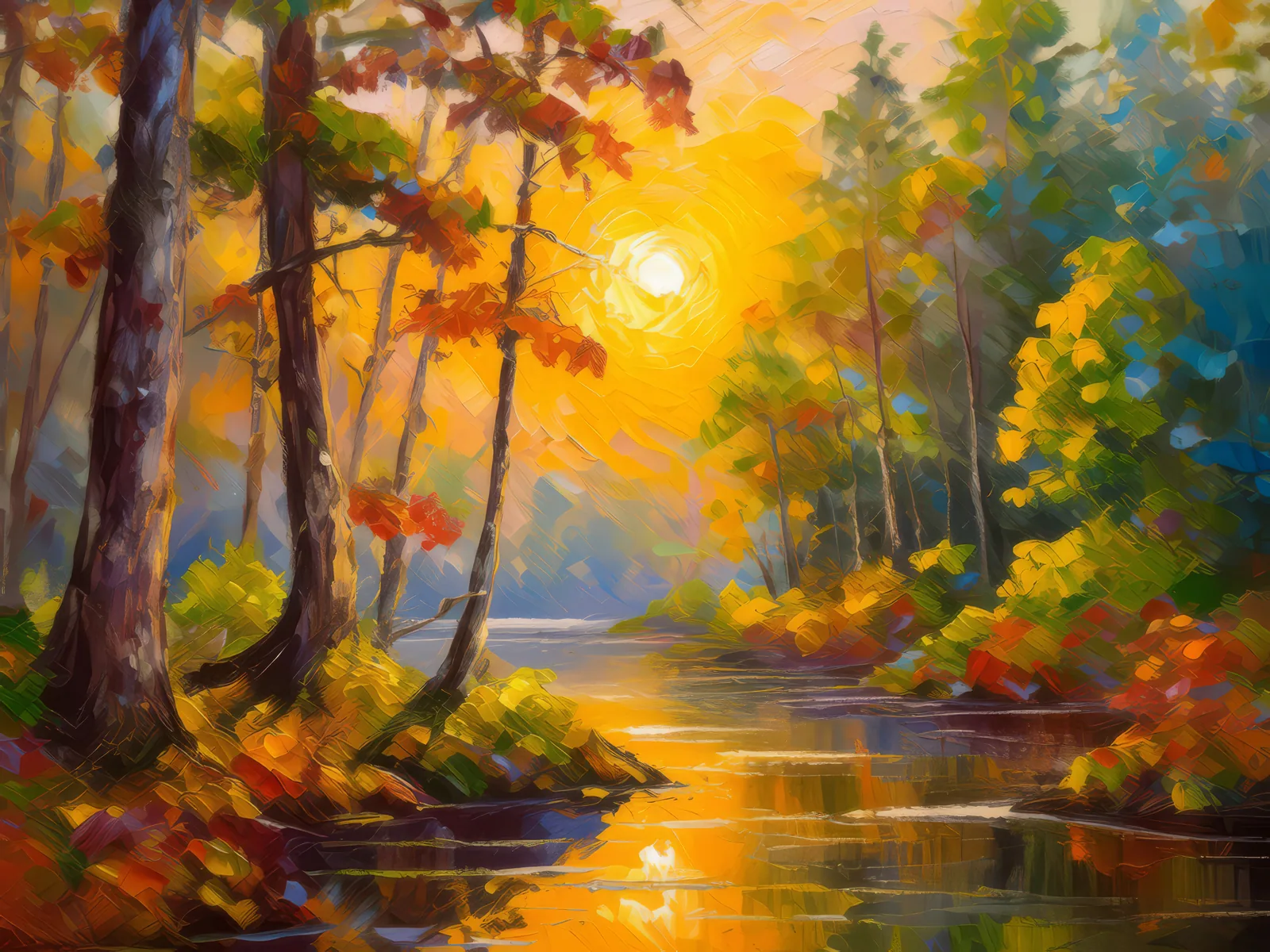 Forest Sunrise Glow, a palette-knife oil landscape by Emma Mickelberg