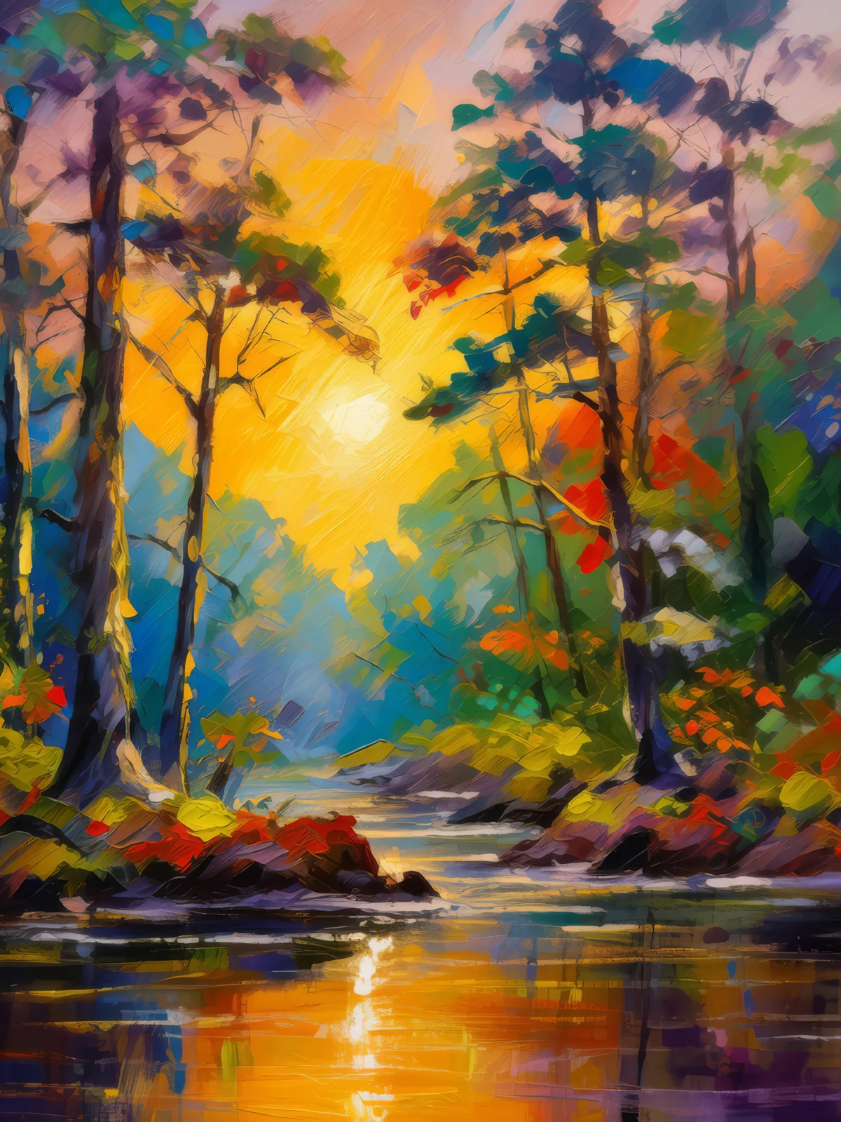 Forest Sunset Glow, a palette-knife oil landscape by Emma Mickelberg
