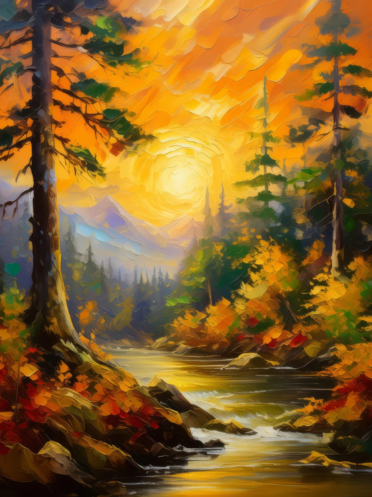 Forest Sunset Radiance, a palette-knife oil landscape by Emma Mickelberg