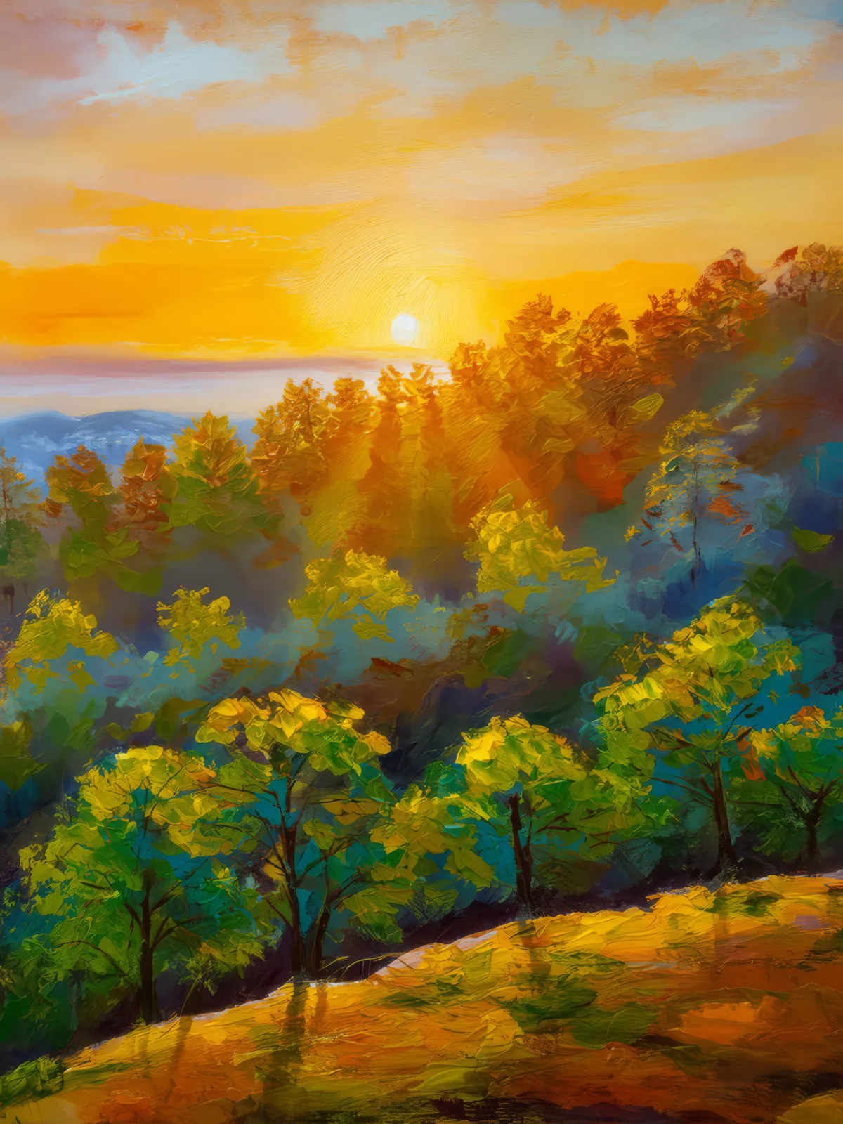 Forest Sunset View, a palette-knife oil landscape by Emma Mickelberg