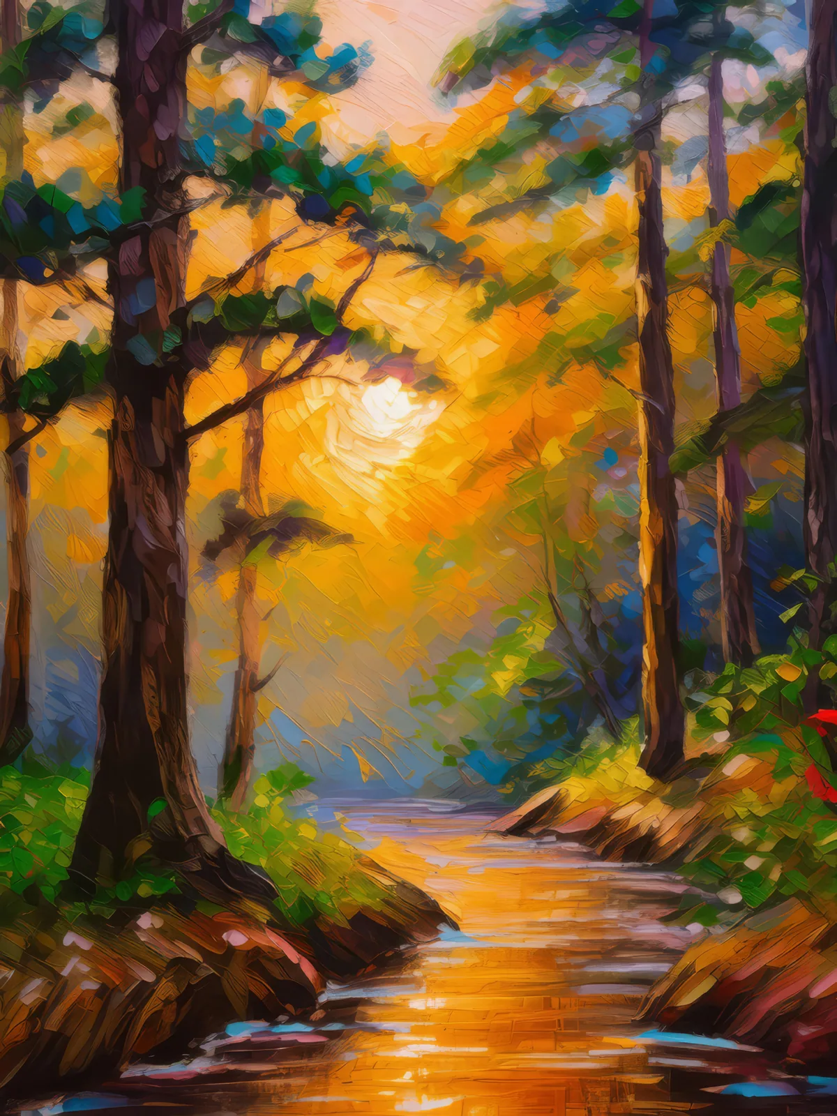 Forest Sunset Walk, a palette-knife oil landscape by Emma Mickelberg