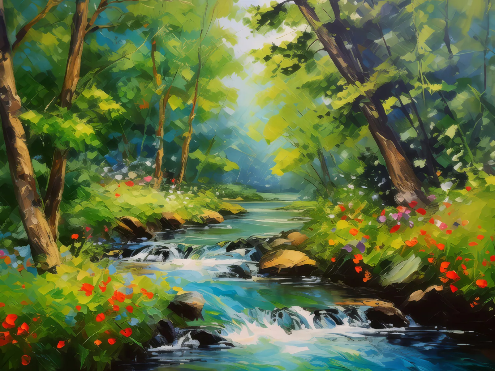 Forest Tranquil Stream, a palette-knife oil landscape by Emma Mickelberg