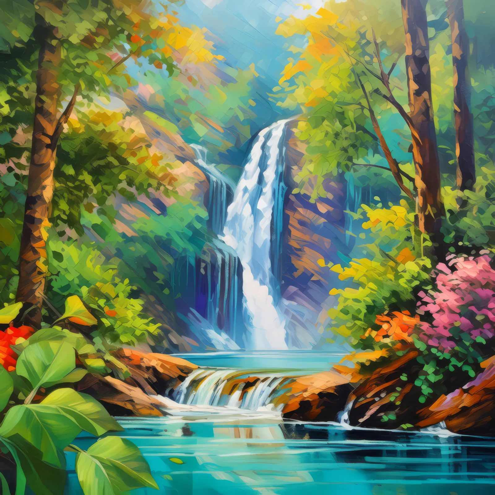 Forest Waterfall Beauty, a palette-knife oil landscape by Emma Mickelberg