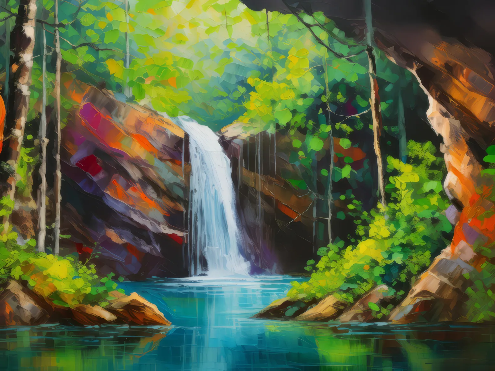 Forest Waterfall Chasm, a palette-knife oil landscape by Emma Mickelberg