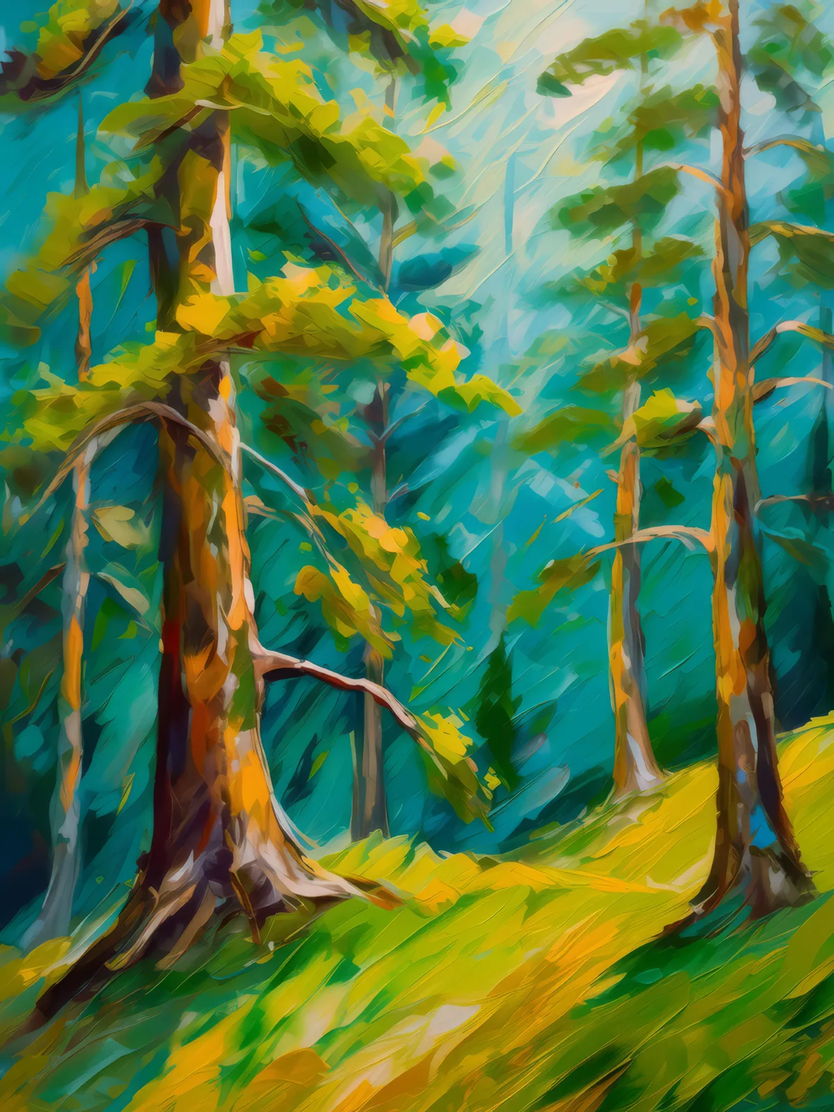 Forest Whispering Pines, a palette-knife oil landscape by Emma Mickelberg