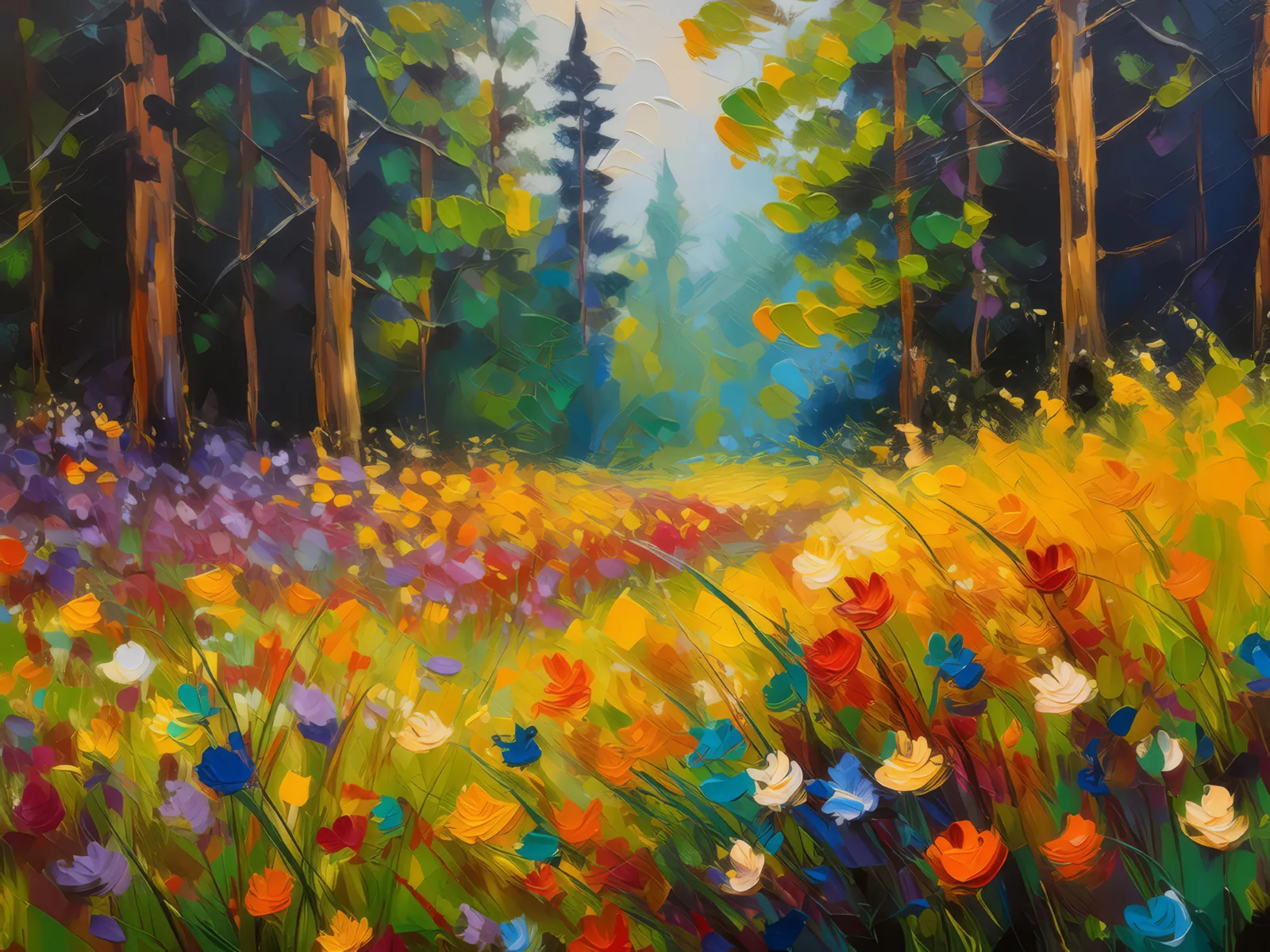 Forest Wildflower Meadow, a palette-knife oil landscape by Emma Mickelberg